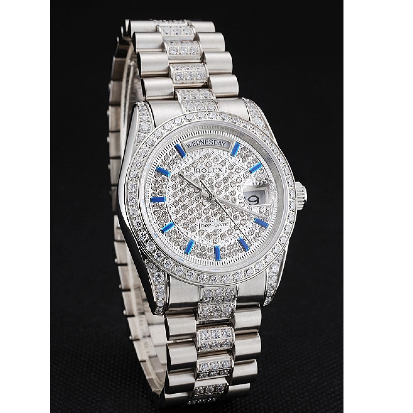 MiroTime 1026 Swiss Rolex Day Date Diamond Pave Dial And Bezel And Stainless Steel Bracelet